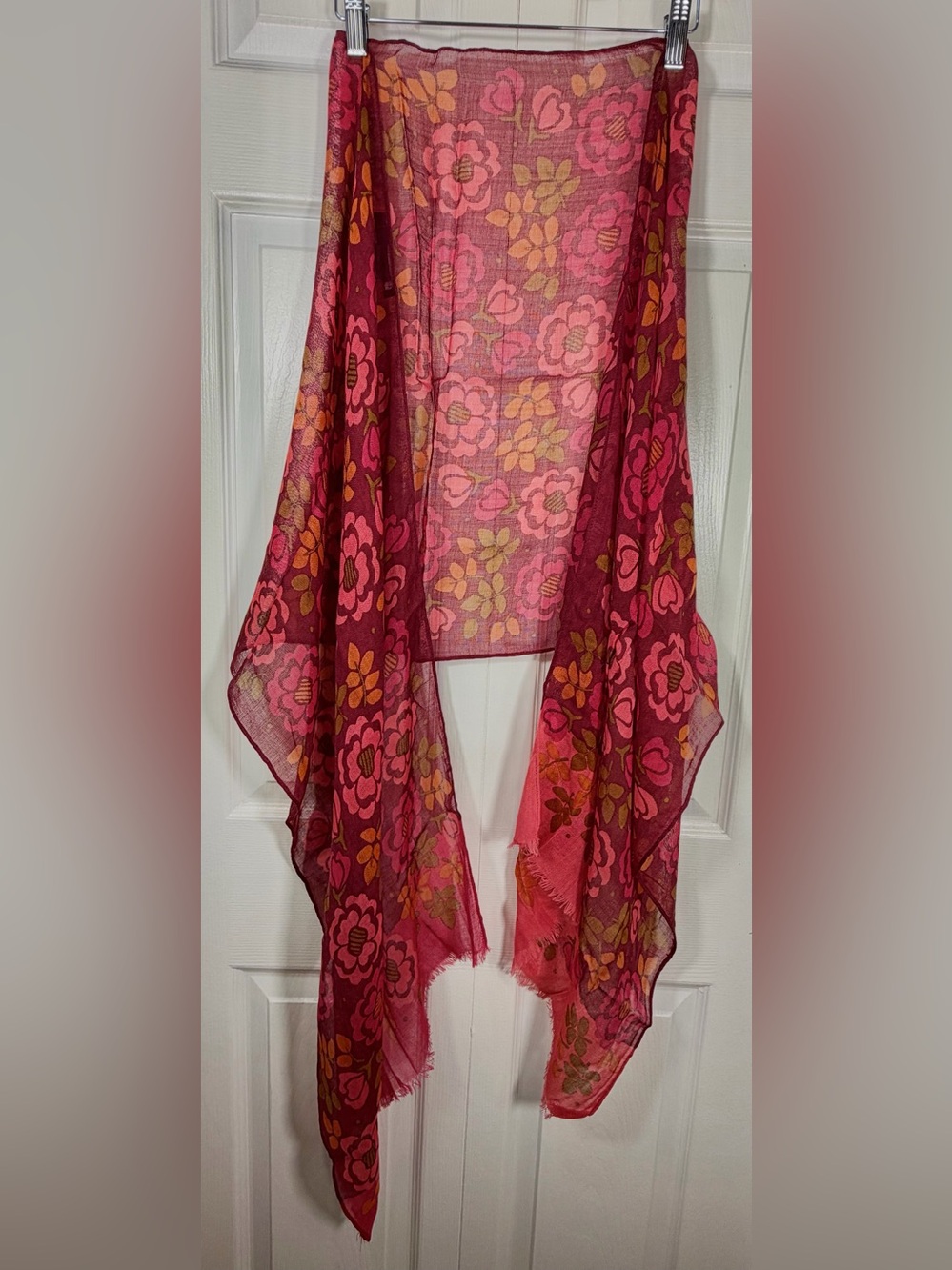 Gudrun Sjödén 100% Wool Floral Scarf Shawl Burgundy Pink Orange 77” x 21” NWOT